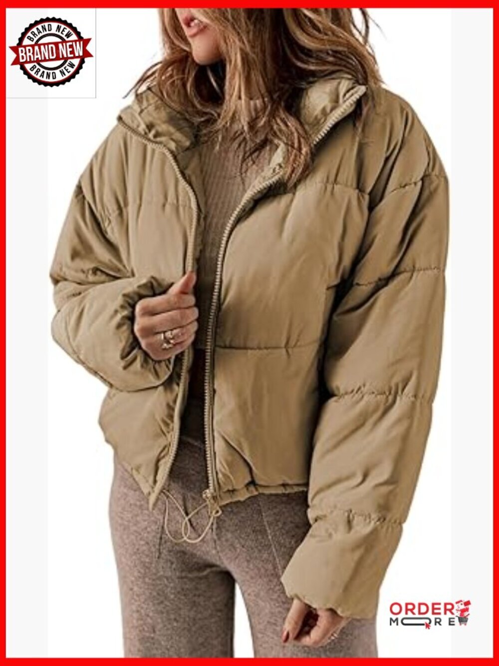Womens Quilted Puffer Jacket Long Sleeve Zip Up Coat with Pockets